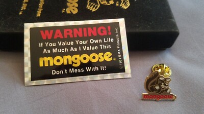 Vintage Mongoose Bicycle Pin and WARNING Decal. NOS. Made about 1982. ORIGINAL