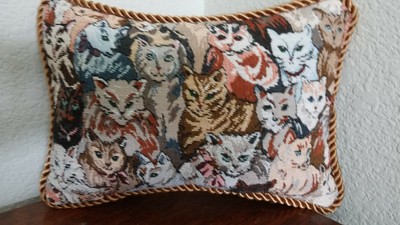 Handcrafted tapestry pillow with cat print trimmed with gold braiding - new