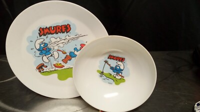 Vintage Smurfs Dinner Plate and Bowl Set by Deka, Melamine 1980s Made In the USA
