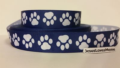 Grosgrain Ribbon White Paw Prints on Navy Blue Dogs Animal, Rescue Adopt Me 7/8''