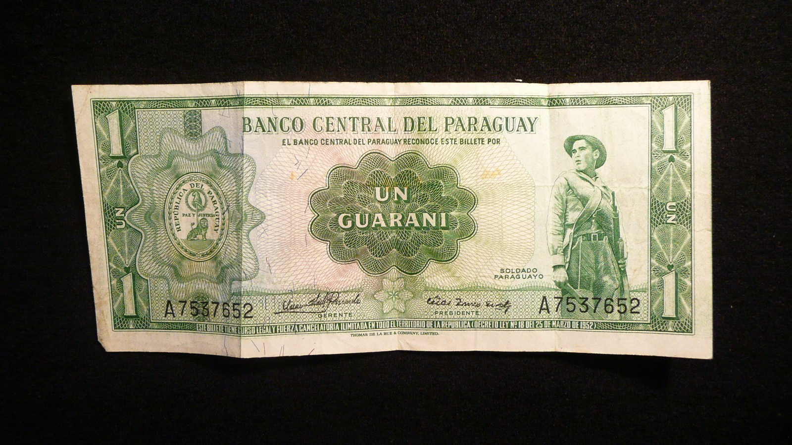BANCO CENTRAL de PARAGUAY 5 SUCRE BANKNOTE 1952