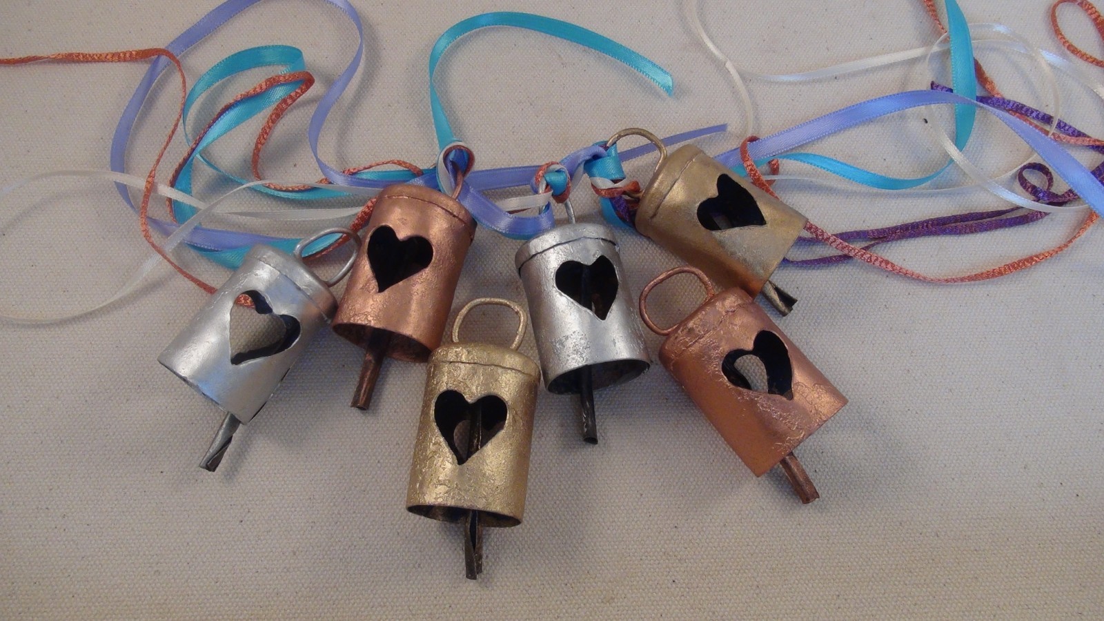 6 Indian Cow Bells w/ HEART Cutouts-2 Silver, 2 Gold & 2 Copper- Lovely #9