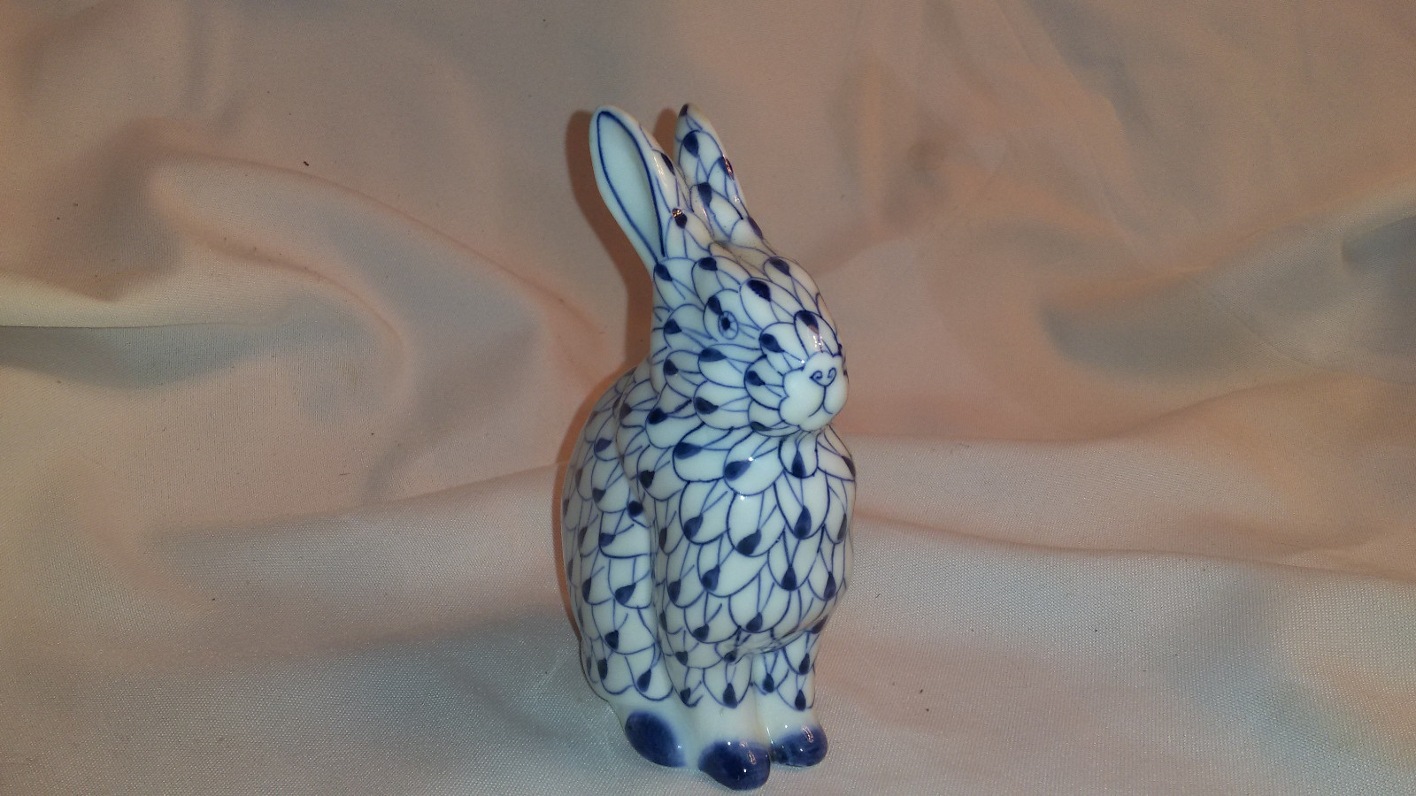 Hand-painted blue-and-white porcelain rabbit figurine  #  3520