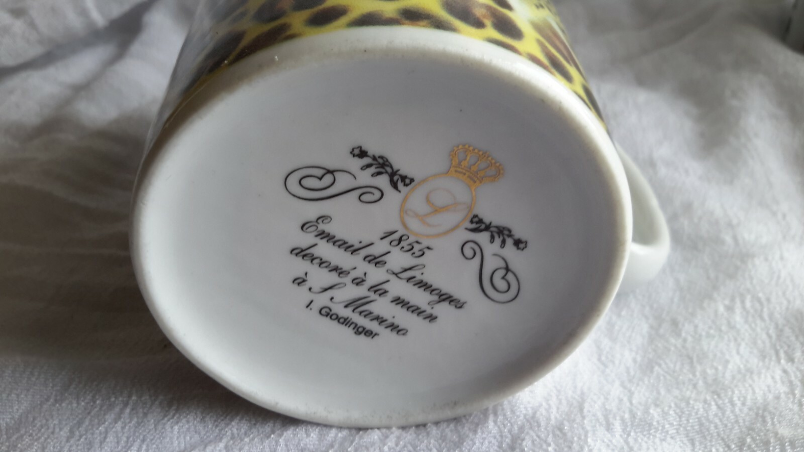 1855 EMAIL DE LIMOGES MUGS LEOPARD & ZEBRA I. GODLINGER COFFEE CUP PAIR DESIGNER