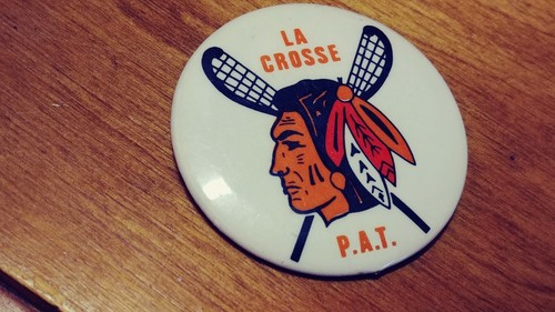 Vtg Pin Back Button INDIAN Natives Face W/Cross Lacross Stick PAT Lacrosse Tour