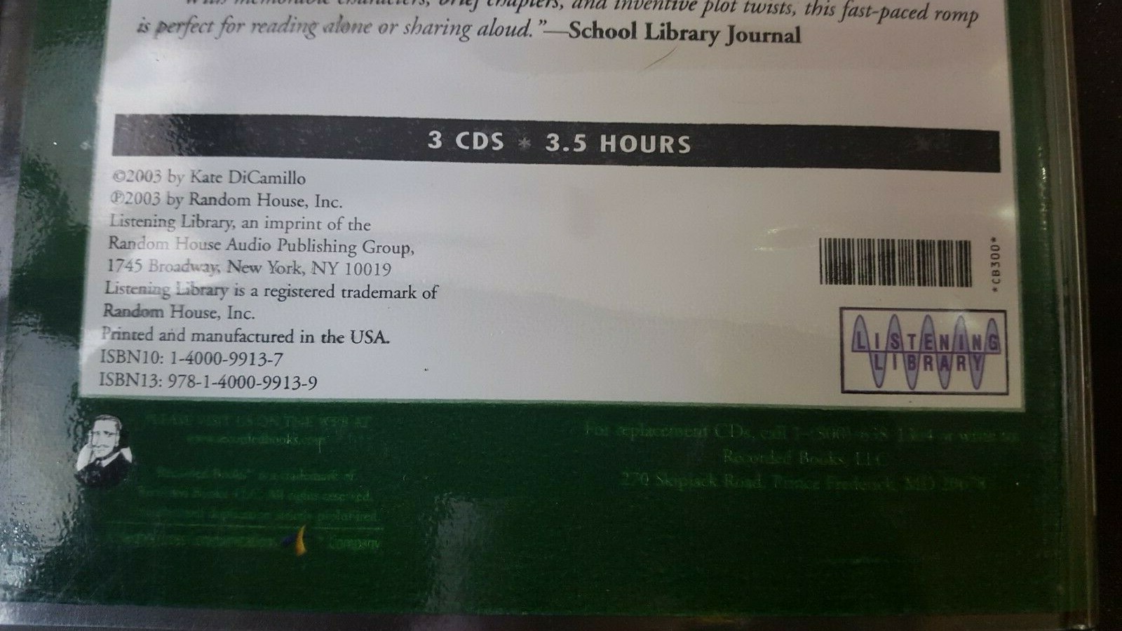 Listening Library- The Tale of Despereaux By Kate DiCamillo 3 Disc Set