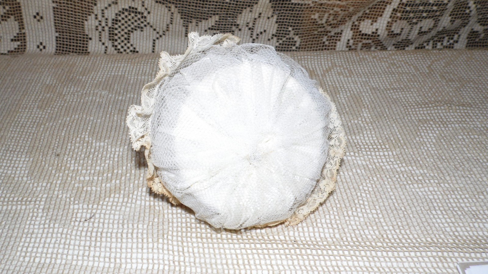 VINTAGE PORCELAIN GERMANY HALF DOLL PIN CUSHION WHITE PINK LACE RIBBONS