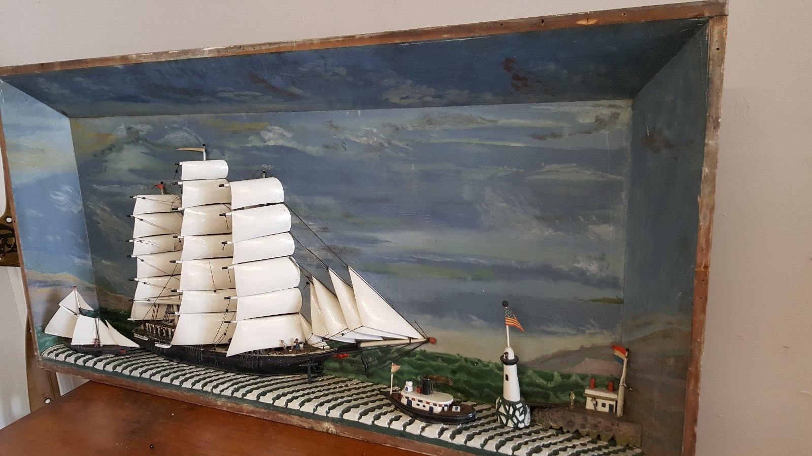 19th Century Maritime Folk Art, Ship Scene Diorama US And Netherlands 54x27