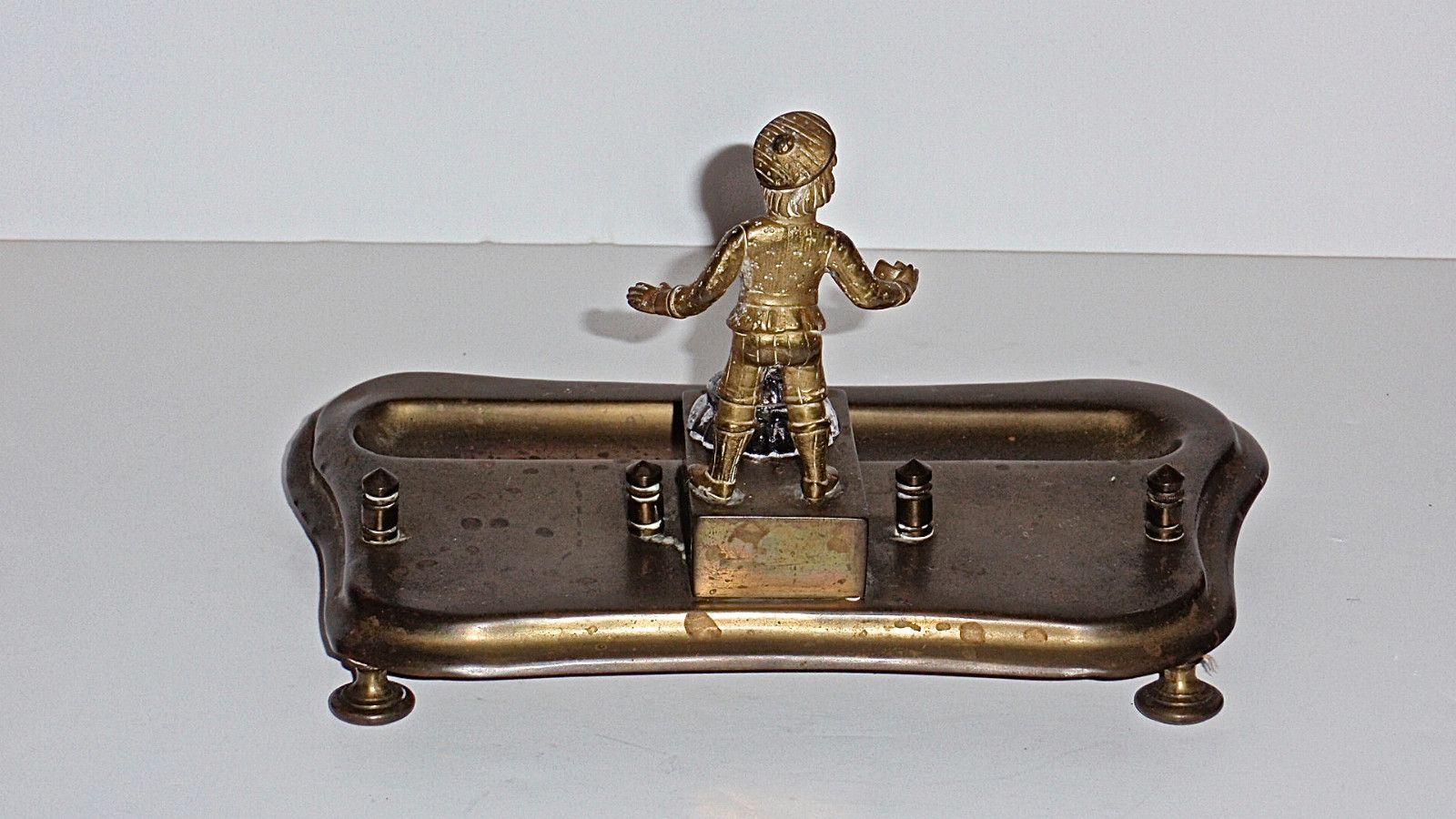 Antique Victorian Brass Figural Page Boy Desk Pen Tray and Inkwell