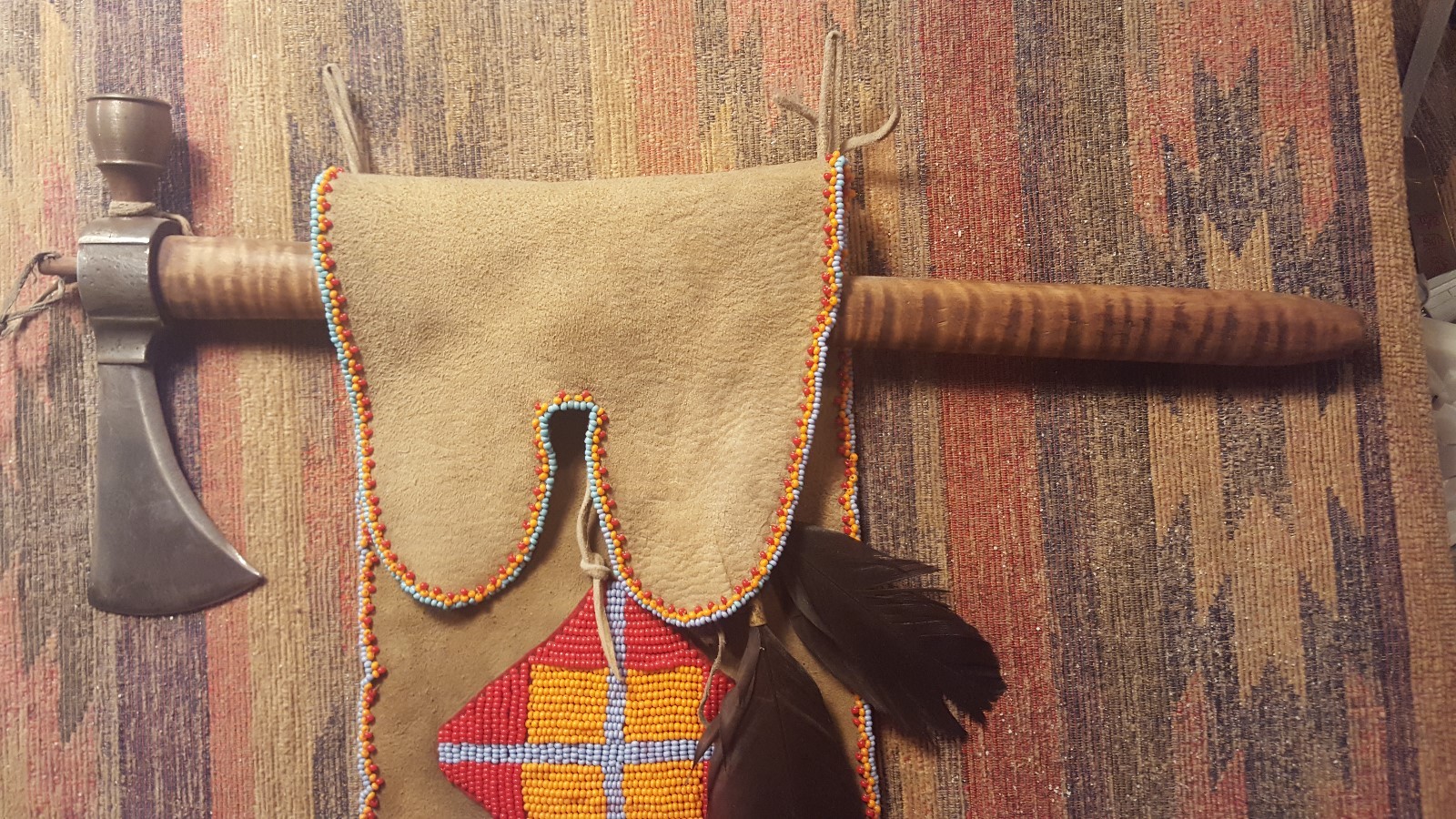 Black Foot Native American Tomahawk & Peace Pipe with Bead Work Bag