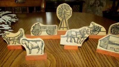 Vintage Antique Wood Cutout Farm Animals,Windmill,Steel Wheel Tractor,Goat Cart+
