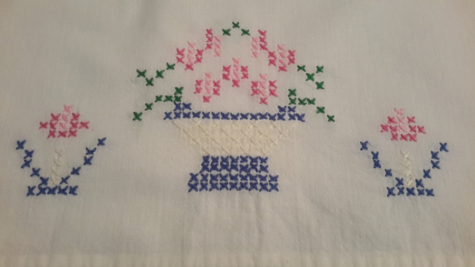 White Vintage Cross Stitch Runner w/Sweet Pink Flowers In Basket - Lace Trim