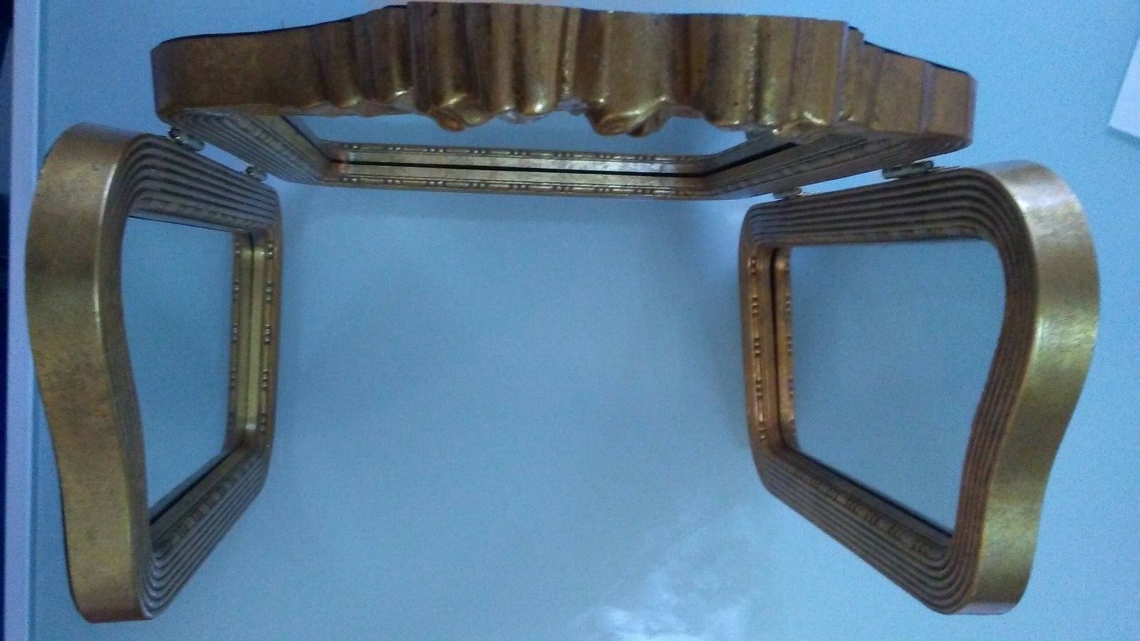 Antique three panel mirror in ornate goldtone frame