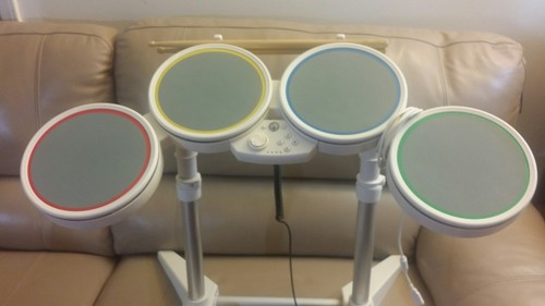 Nintendo Wii Rock Band Wired Drum Controller Bundle 19092 w/Pedal Sticks, guitar