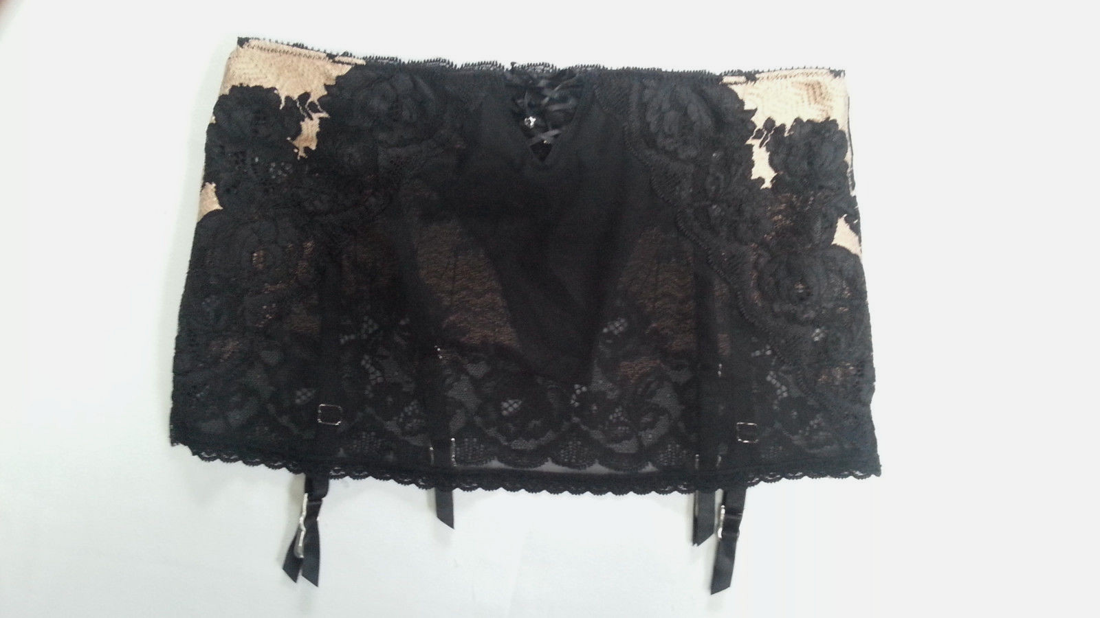 Victoria's Secret Garter Belt Black Lace Studs Rhinestones Sheer Roses Floral S