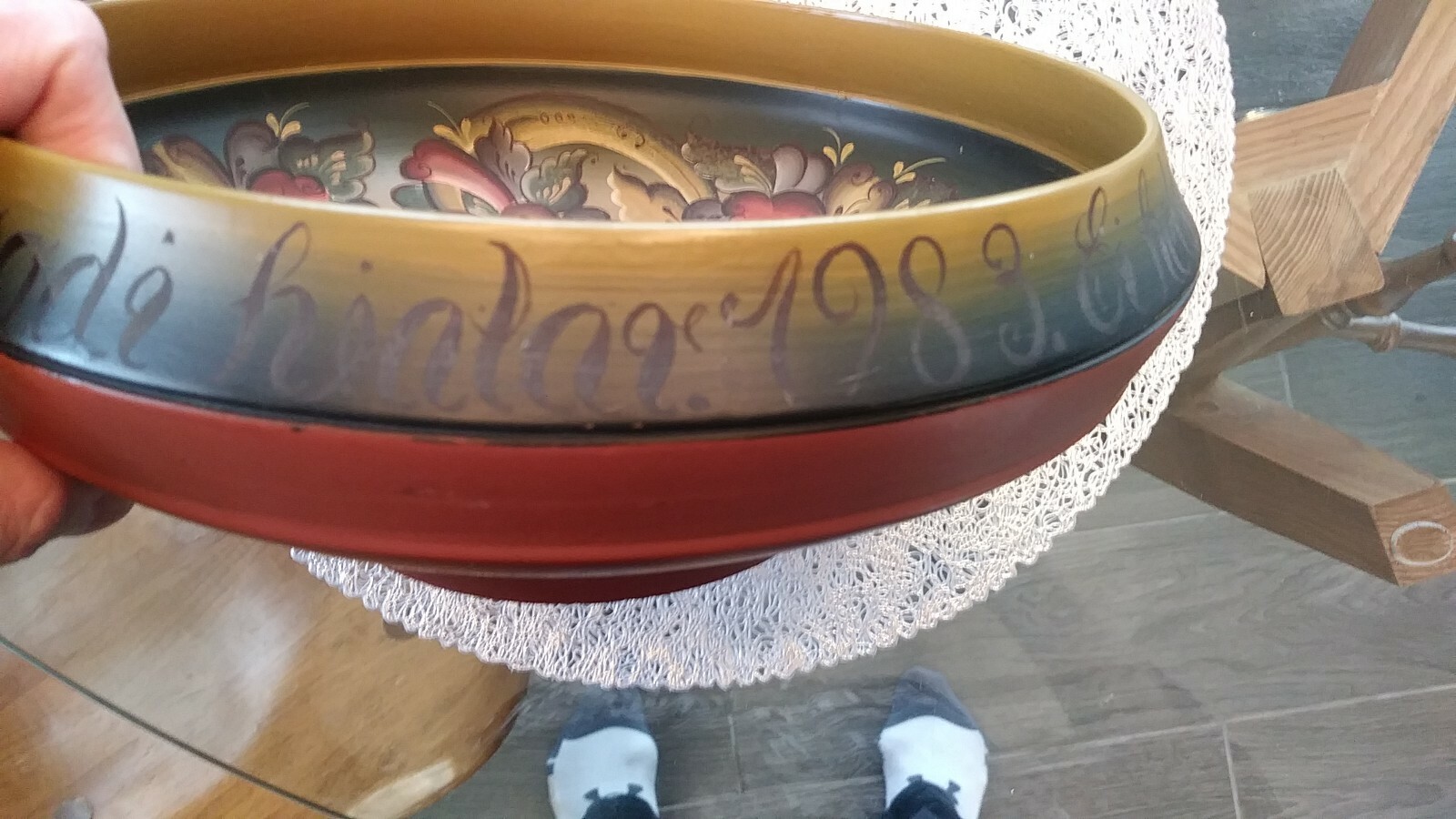 MCM Vintage Wood Tole Painted Bowl. 1983 Solvang California