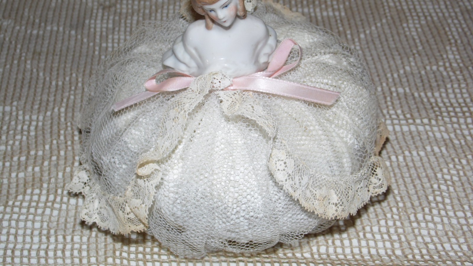 VINTAGE PORCELAIN GERMANY HALF DOLL PIN CUSHION WHITE PINK LACE RIBBONS