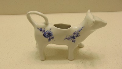 VINTAGE PORCELAIN COW CREAMER/CREAM PITCHER BLUE FLOWERS MADE IN FRANCE FOR HOAN