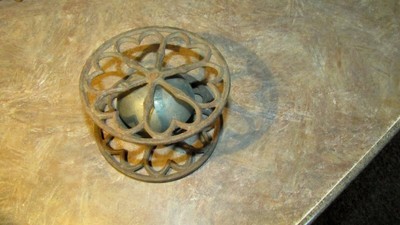 Antique Cast Iron BELL RINGER PULL TOY Ornate Heart Wheels -WORKS-Victorian