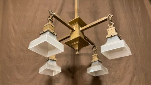 Antique 1900s Arts Crafts Mission Brass Bronze Ceiling Light Fixture Chandelier