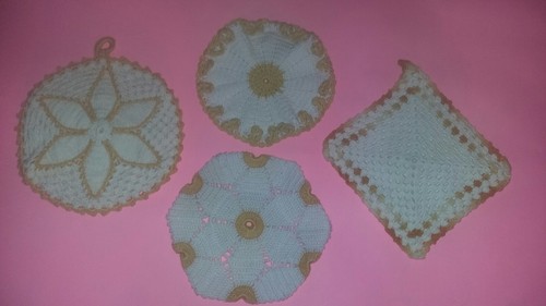 7 Vintage Hand Crocheted Potholders. Golden yellow, White, and some with green.