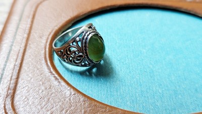 old ring 875 silver samples of the USSR with natural stone ''stigma star'' nephrit