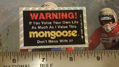 PAIR OF 1981 Mongoose WARNING Decal - Vintage - NOS - UNIQUE - 2 DECALS