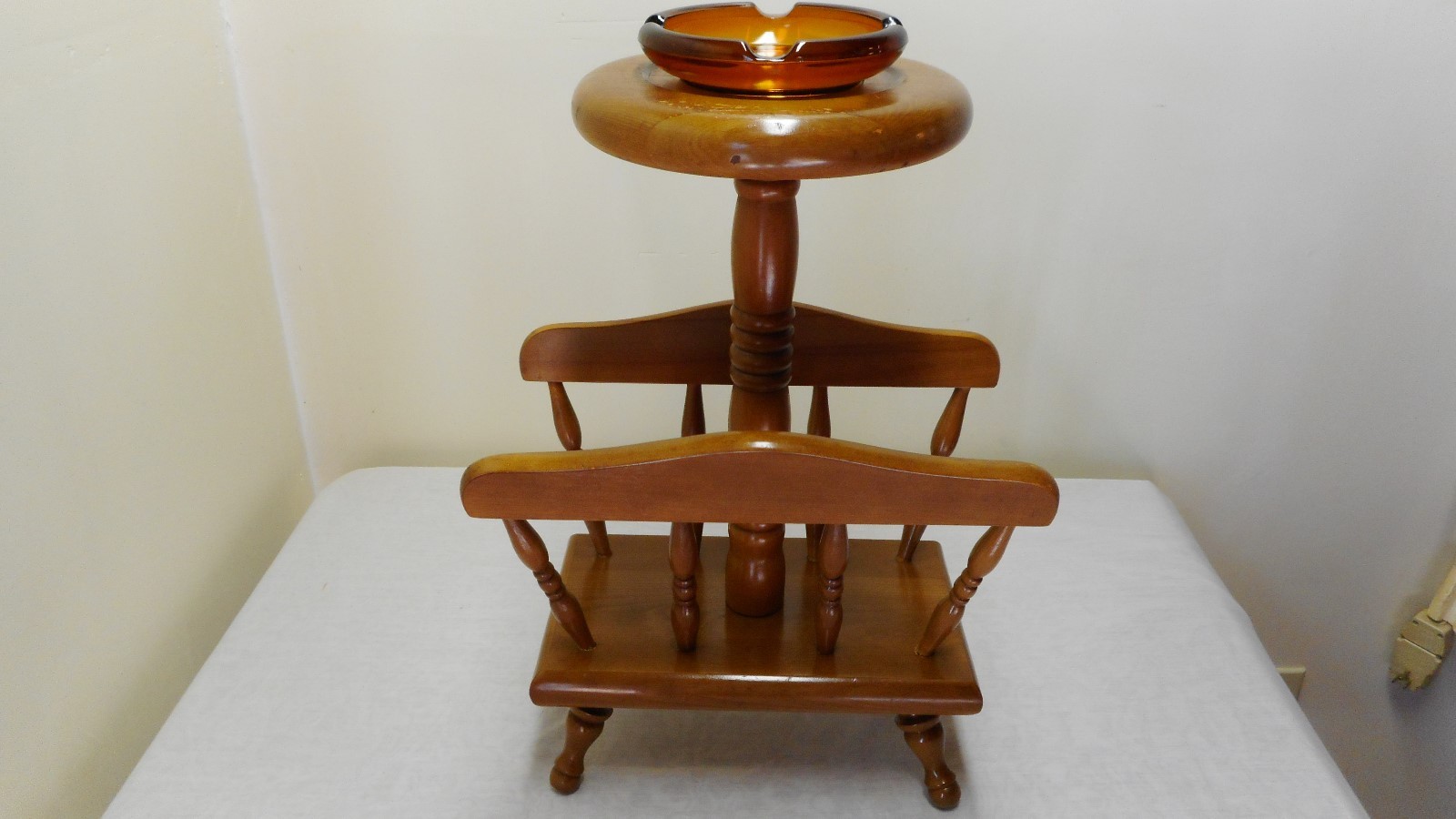 Vintage Wood Ashtray Stand With Newspaper Magazine Rack With Original Ashtray