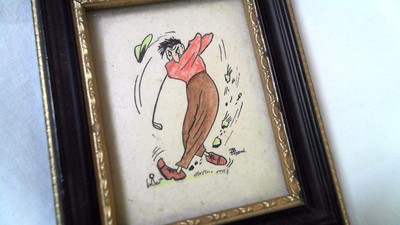 FRAMED GOLFER CARTOON DRAWING SIGNED BB LONDON COLORED