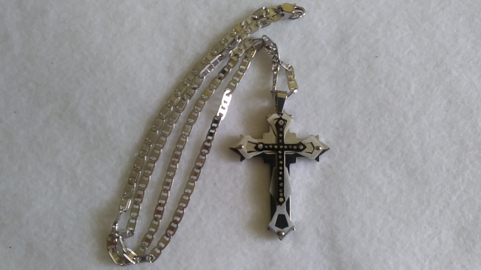 Stainless Steel Silver and Black Colors Cross Rhinestone Accent Pendant Necklace