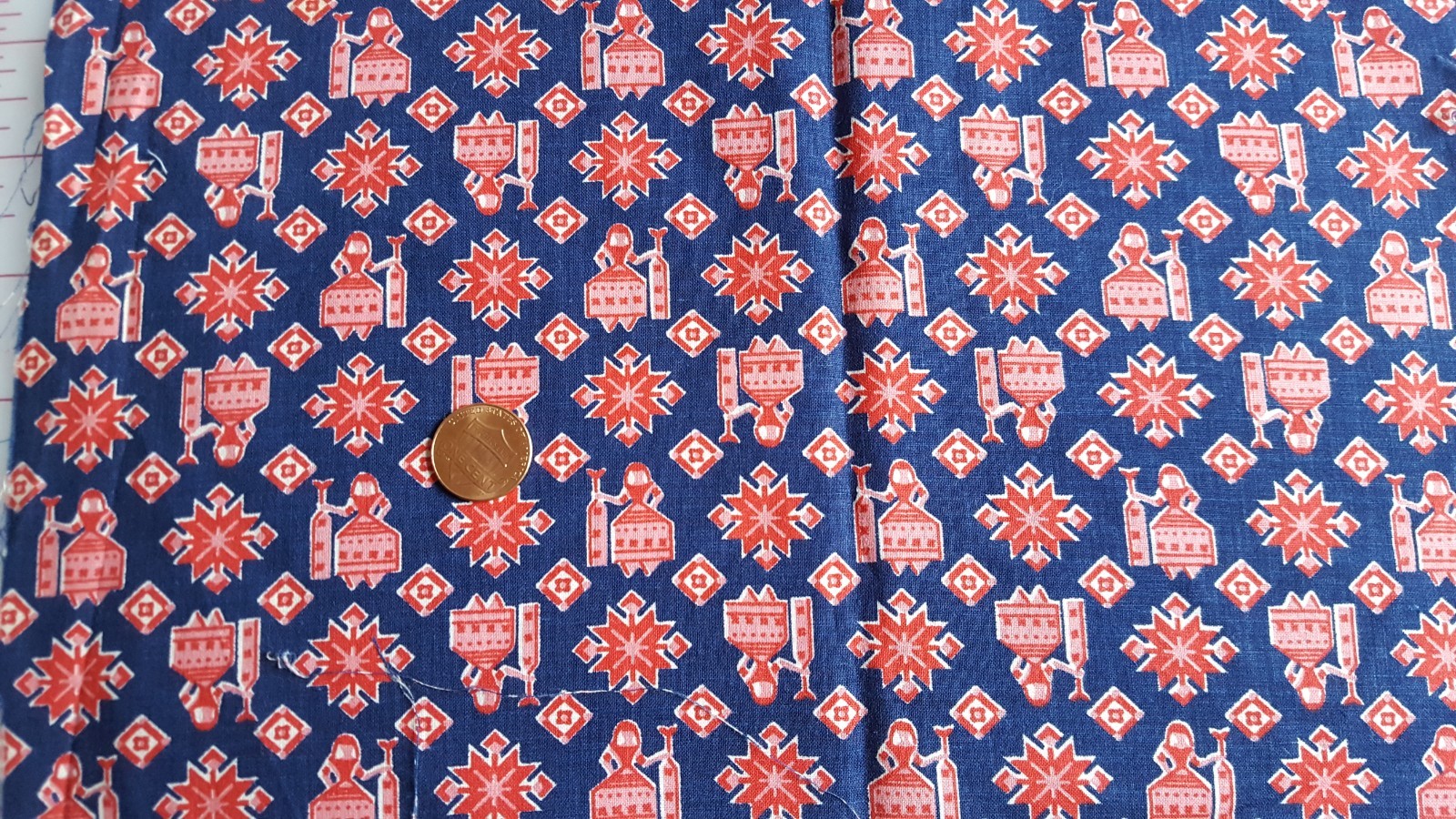 VTG Antique Cotton Fabric 30s Quilt Doll Navy Blue Pink Red Pennsylvania Dutch