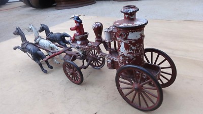 Early IVES CAST IRON 3 HORSE DRAWN FIRE WATER PUMPER Original Vintage large toy