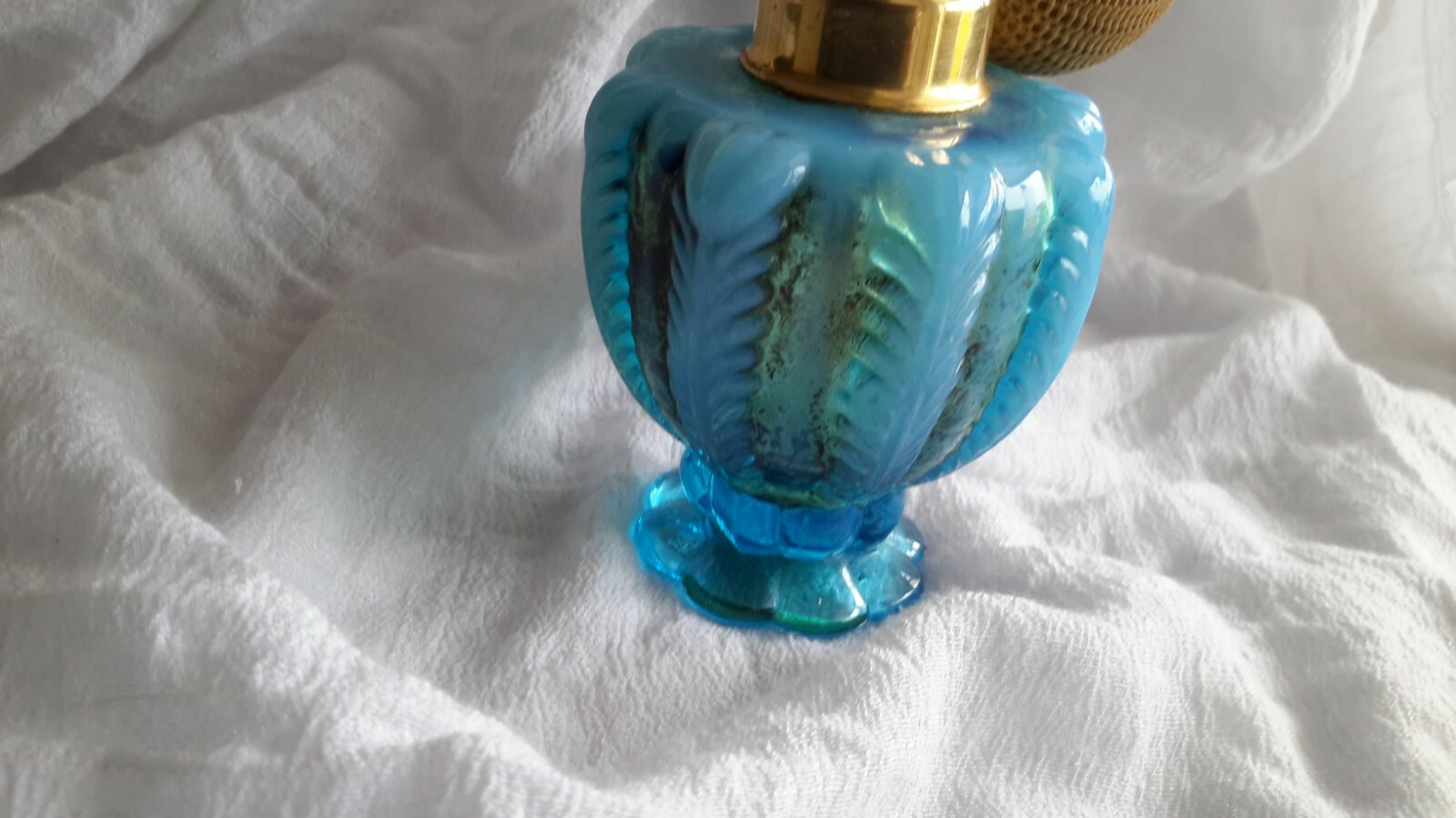 ATOMIZER HAND BLOWN PERFUME VINTAGE ANTIQUE OCEAN BLUE THICK GLASS BOTTLE