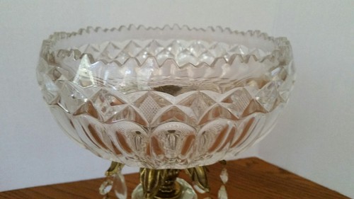 Vintage Crystal Glass Pedestal Fruit Bowl Brass w/ Prisms Marble Base