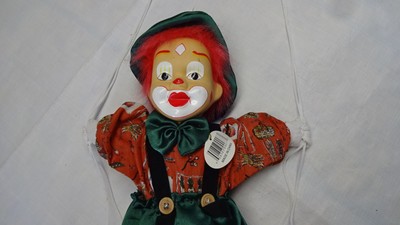 CLOWN DOLL ON A SWING w/ Tag Red Hair Green Pants Hat Bow Tie Vtg