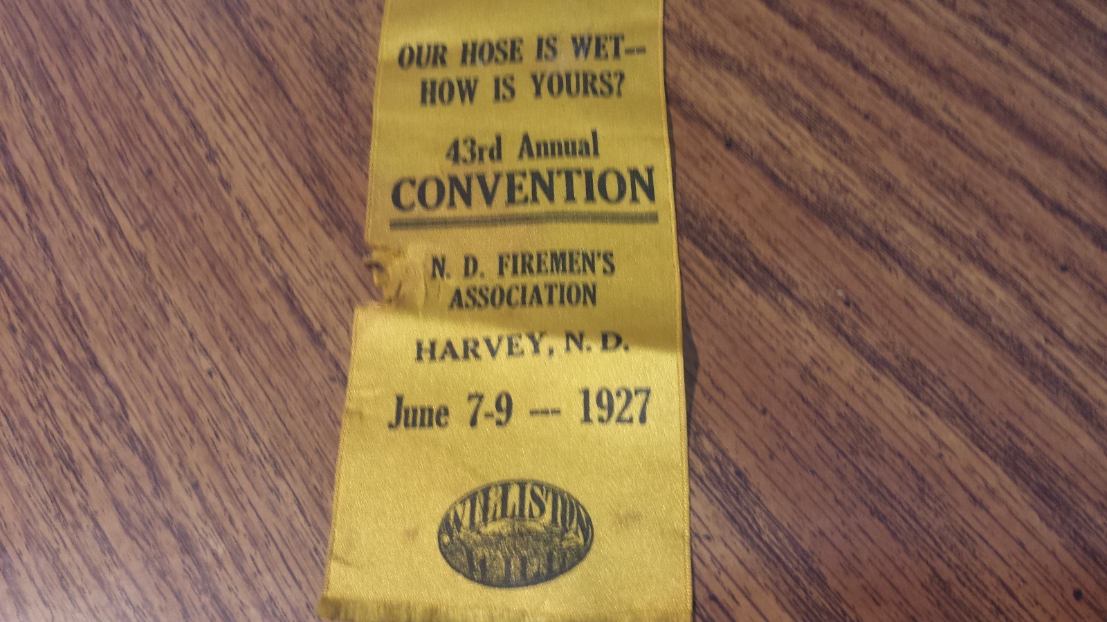 1927 Williston North Dakota Fireman's Convention Harvey Tournament Ribbon