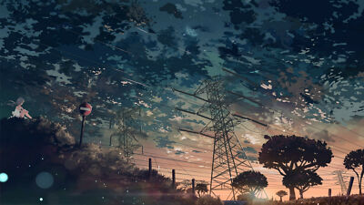 Anime power lines girls sign sky outdoors sunset kein Playmat Game Mat Desk