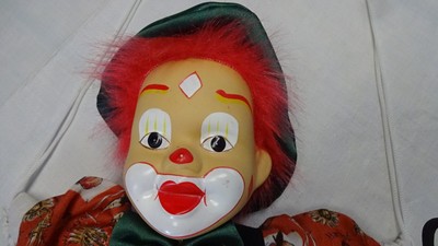 CLOWN DOLL ON A SWING w/ Tag Red Hair Green Pants Hat Bow Tie Vtg