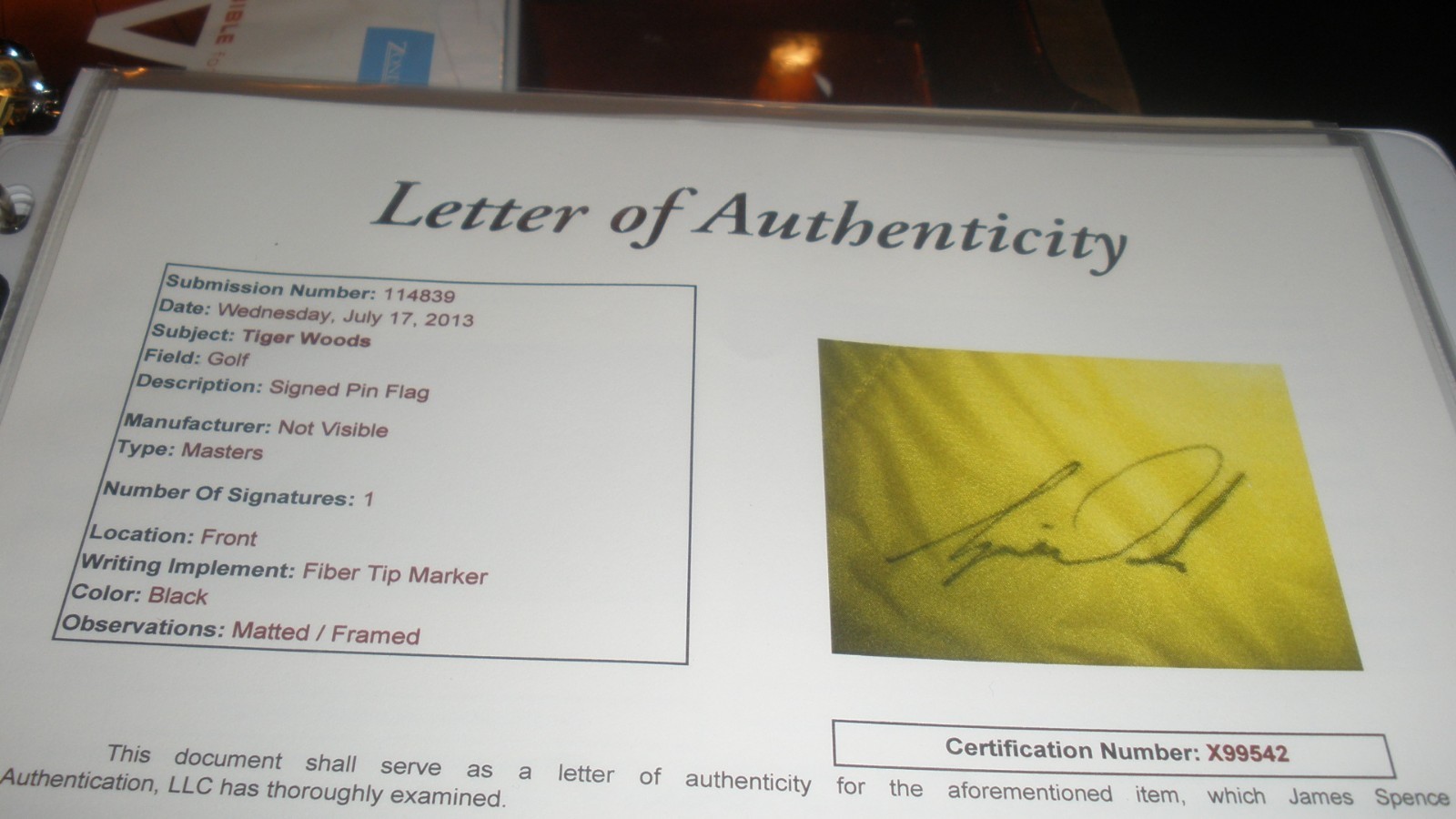 1997 Tiger Woods Masters Signed Pin Flag (Full JSA Letter)