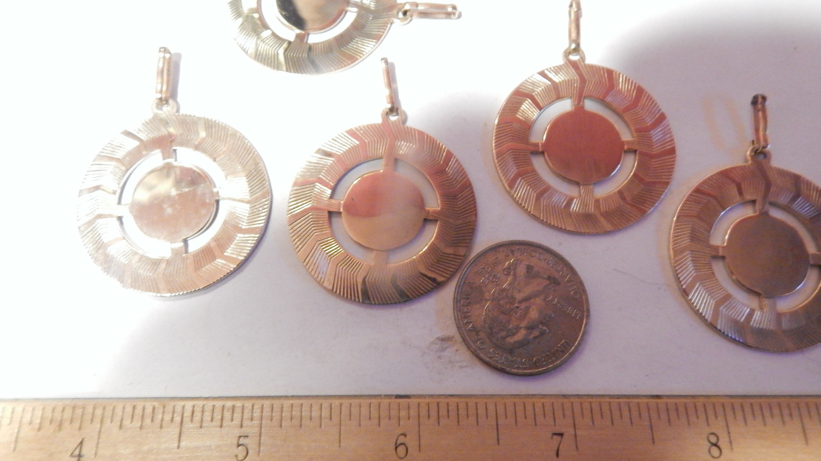 6 VINTAGE LARGE GOLD PLATE DISC CHARM PENDANTS