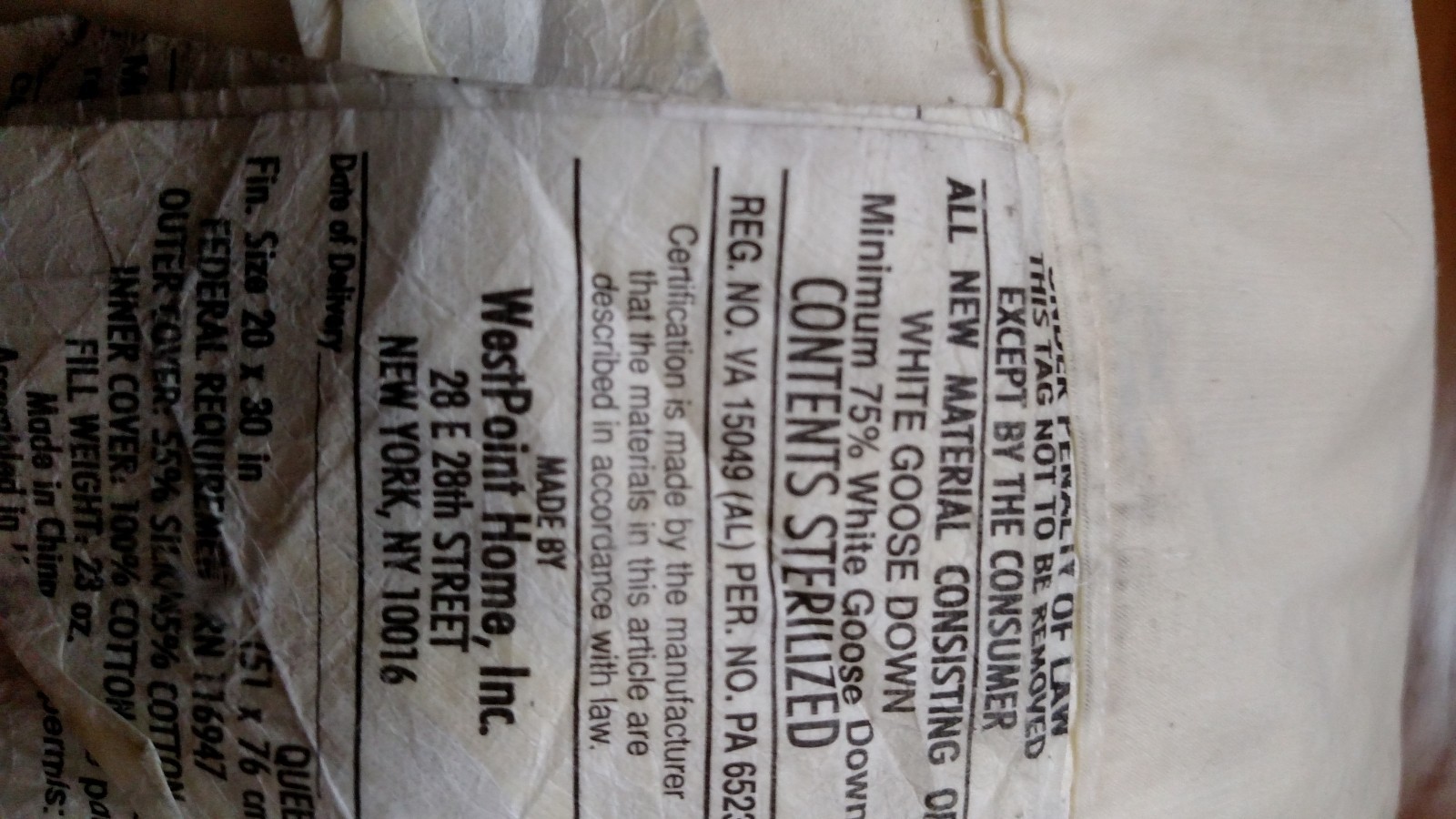 2 - Used White Goose Down Pillows for filling (see label photos for contents)