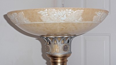 Vintage- Deco Torchiere Coin Floor Lamp with Caramel Embossed Floral Shade