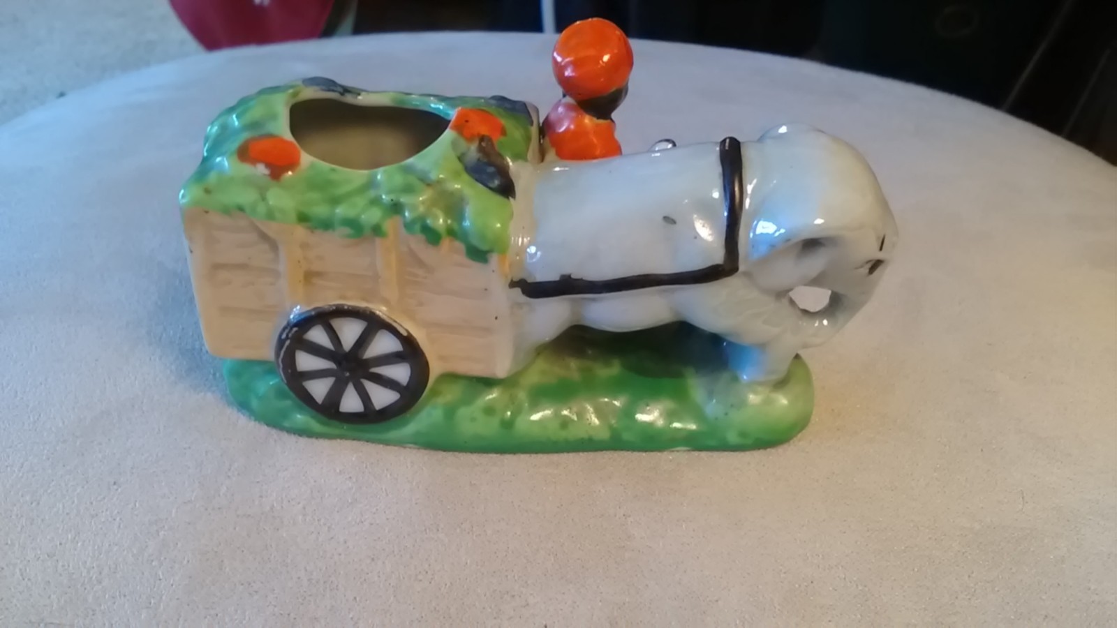 Vintage Pin Cushion /Toothpick Holder Black man guiding elephant and cart