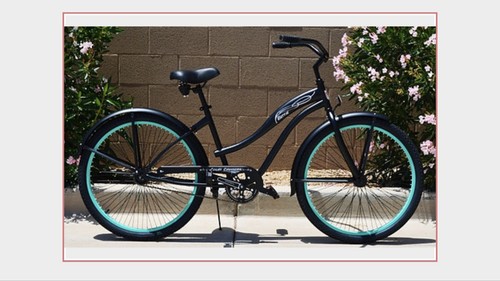 26” Women’s Single Speed Bicycle, Colby Cruiser Bettie Bike, Black / Teal Rims