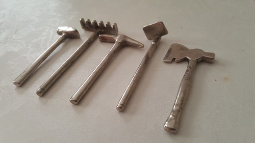 Vintage Nickel Plated Cast Iron Miniature Toy Tool Lot Hammer Pick Ax Arcade