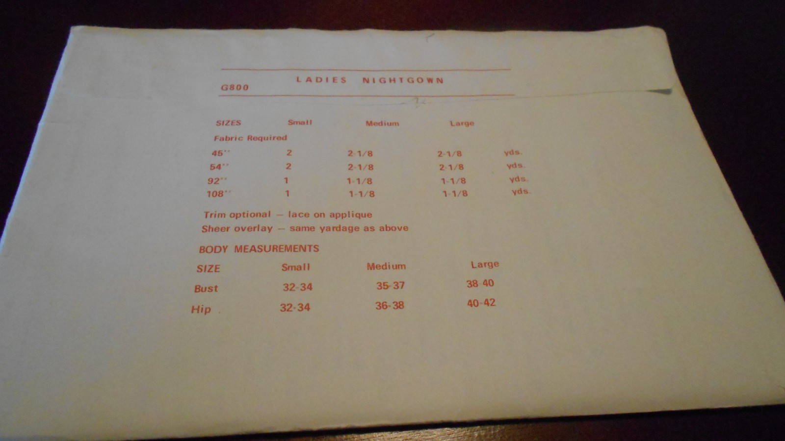 SEW LOVELY LINGERIE PATTERN G800– LADY's NIGHTGOWN- SZ SM-M-LG UNCUT 1969