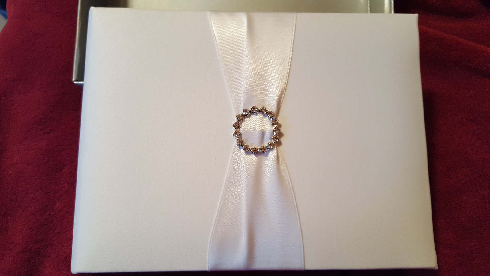 New Wedding Guestbook White Satin Rhinestone Elegant 7.5