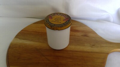 Marmite Jar Milk Glass 9cm High Metal Lid Sanitarium Health Foods. From 1950s.