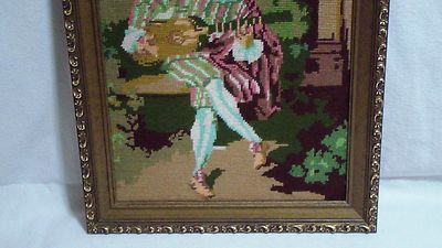 Vintage Framed Art Needlepoint The Banjo Player by JEAN-ANTOINE WATTEAU 18 X 14