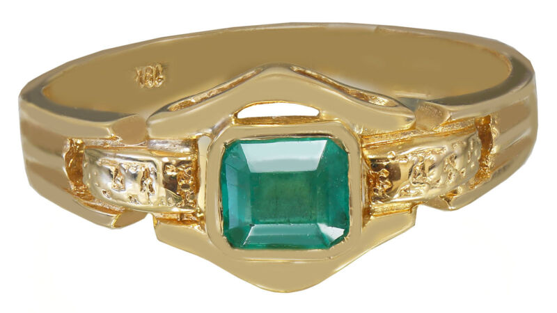 18k Yellow Gold Cushion Cut Emerald Bezel Set Art Deco Style Bridal Natural 1.00